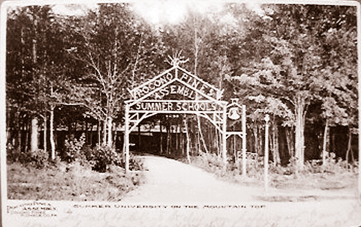 Pocono Pines Asssembly main entrance, to the “summer university on the mountain top.”
