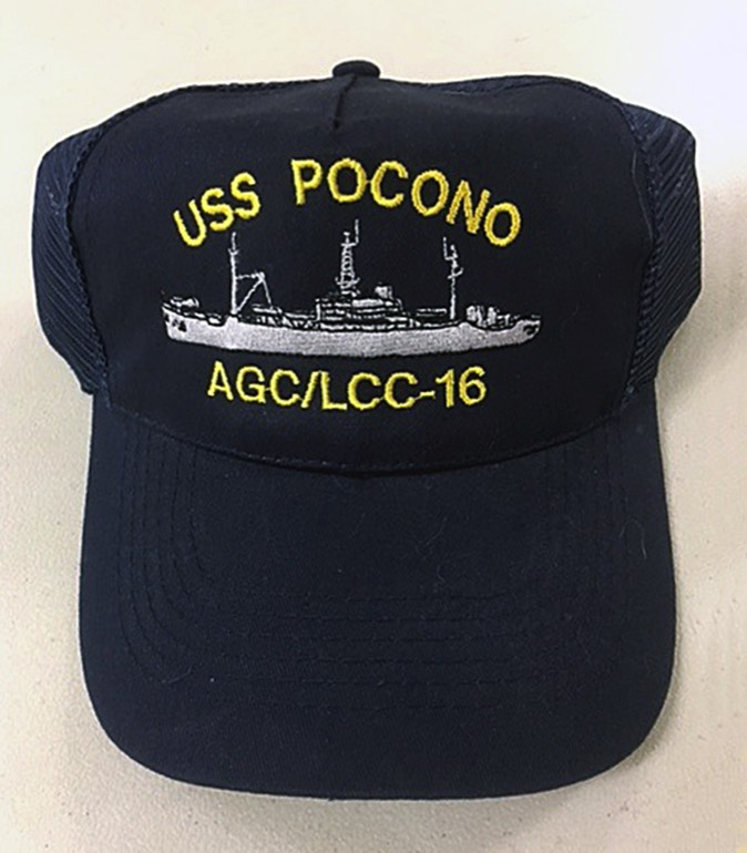 Crew hat from USS Pocono, an amphibious force flagship launched in 1945. It was decommissioned in 1949, recommissioned in 1951, and taken out of service in 1971.